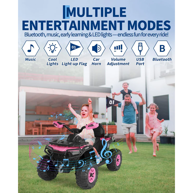 Garvee Quad Eléctrico Infantil 12V Todo Terreno, 2 Motores Potentes, Control Parental, Suspensión, LED, Bluetooth, USB, Rosa Oscuro para Niños 3-8 Años