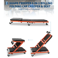 Garvee Asiento Rastrillo Mecánico 2 en 1 Z-Style 91cm, Acero Reforzado, 6 Ruedas, 149.7kg, 2 Pares de Guantes, Negro y Naranja, para Taller