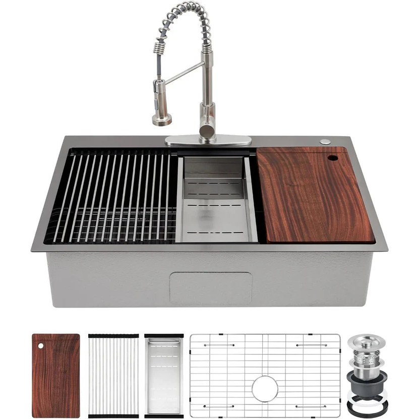 Garvee Fregadero de Acero Inoxidable Calibre 16 Grifo Extraíble de Resorte 304 5 Piezas Empotrado y Encimera para Hogar Cocina y Bar Color Negro Nano 84x56x23cm