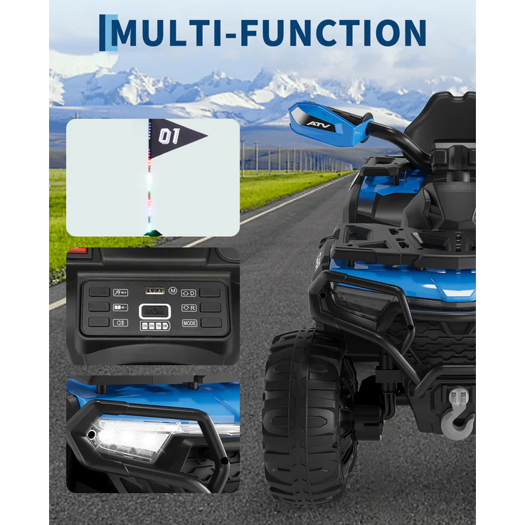 Garvee Quad Eléctrico 12V, Control Remoto, 2 Motores Potentes, Suspensión, LED, Bluetooth, Música, USB, 3-6 años, Exterior, Azul