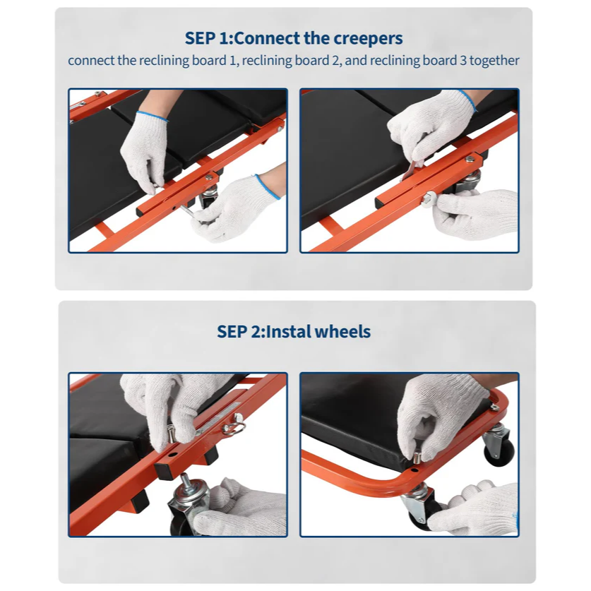 Garvee Asiento Rastrillo Mecánico 2 en 1 Z-Style 91cm, Acero Reforzado, 6 Ruedas, 149.7kg, 2 Pares de Guantes, Negro y Naranja, para Taller