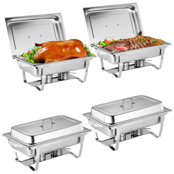 Garvee Juego de 4 Chafing Dish de Acero Inoxidable SS201 de 7,5 L con Marco Plegable para Catering y Buffet, Acero Inoxidable