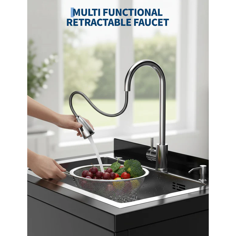 Garvee Fregadero de Acero Inoxidable 304 con Grifo Giratorio 360° y Ducha Extraíble para Garaje y Lavandería, Gran Cubeta Profunda, Negro