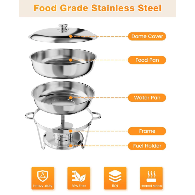 Garvee Set Buffet Redondo 2-Pack 4.7L Acero Inoxidable con Bandejas y Marco Plegable para Catering y Eventos, Durable y Versátil, Plateado