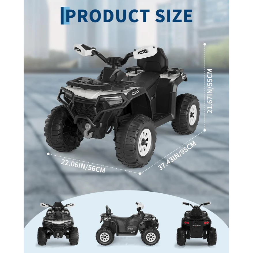 Garvee Quad Eléctrico 12V, 2 Motores, Suspensión, LED, Bluetooth, Música, USB, Control Parental, ATV Offroad, 3-6 años, Exterior, Blanco