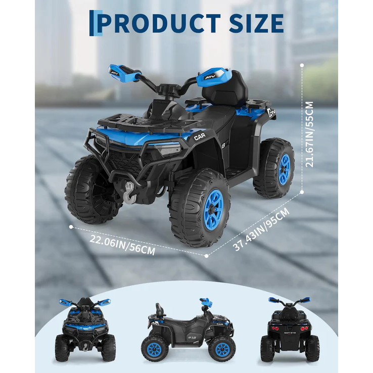 Garvee Quad Eléctrico 12V, Control Remoto, 2 Motores Potentes, Suspensión, LED, Bluetooth, Música, USB, 3-6 años, Exterior, Azul