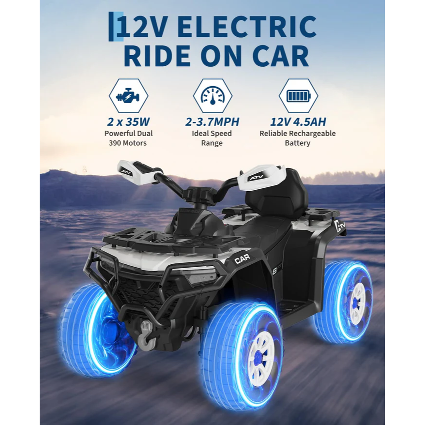 Garvee Quad Eléctrico 12V, 2 Motores, Suspensión, LED, Bluetooth, Música, USB, Control Parental, ATV Offroad, 3-6 años, Exterior, Blanco