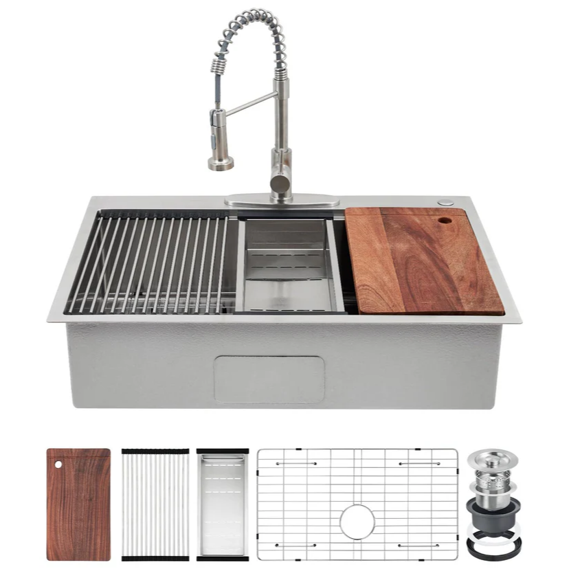 Garvee Fregadero de Acero Inoxidable Calibre 16 Antiruido Fácil Limpieza Grifo Extraíble 360° de Resorte 304 5 Piezas Empotrado y Encimera para Hogar Cocina y Bar Color Acero Natural 83.8x55.9x22.9cm