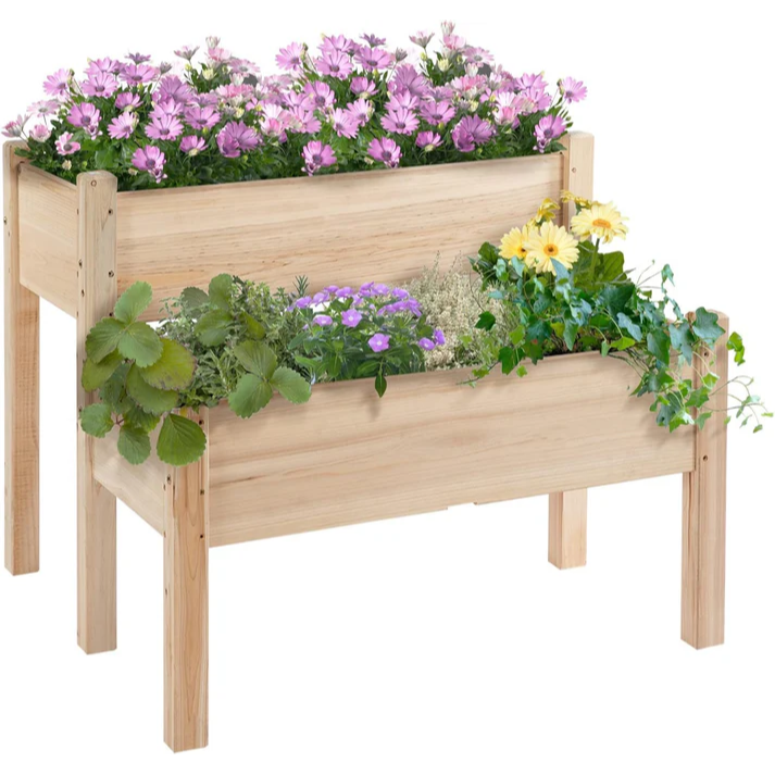 Garvee Huerto Elevado de Madera de Abeto 2 Niveles 84 × 84 × 74 cm con 8 Agujeros de Drenaje para Vegetales Exterior Patio Jardín Capacidad 220L