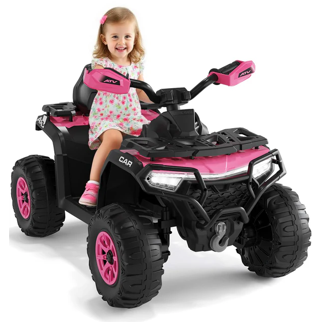 Garvee Quad Eléctrico Infantil 12V Todo Terreno, 2 Motores Potentes, Control Parental, Suspensión, LED, Bluetooth, USB, Rosa Oscuro para Niños 3-8 Años