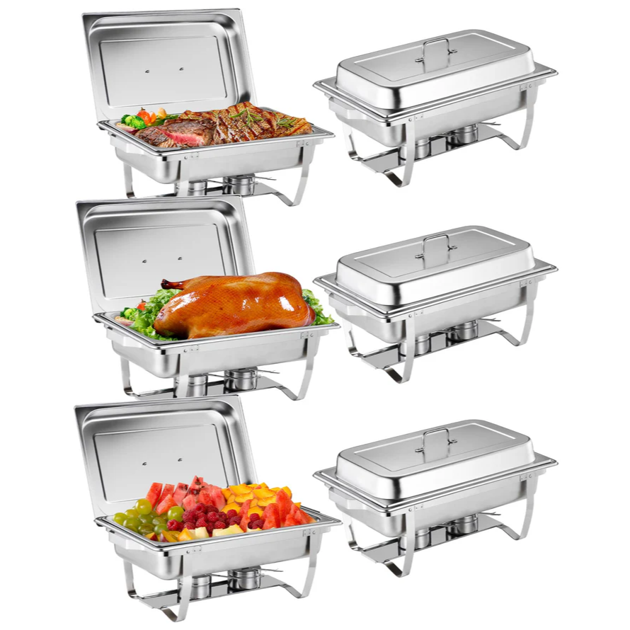 Garvee Juego de 6 Chafing Dish de Acero Inoxidable SS201 de 7,5 L con Patas Plegables para Buffet y Catering, Acero Inoxidable