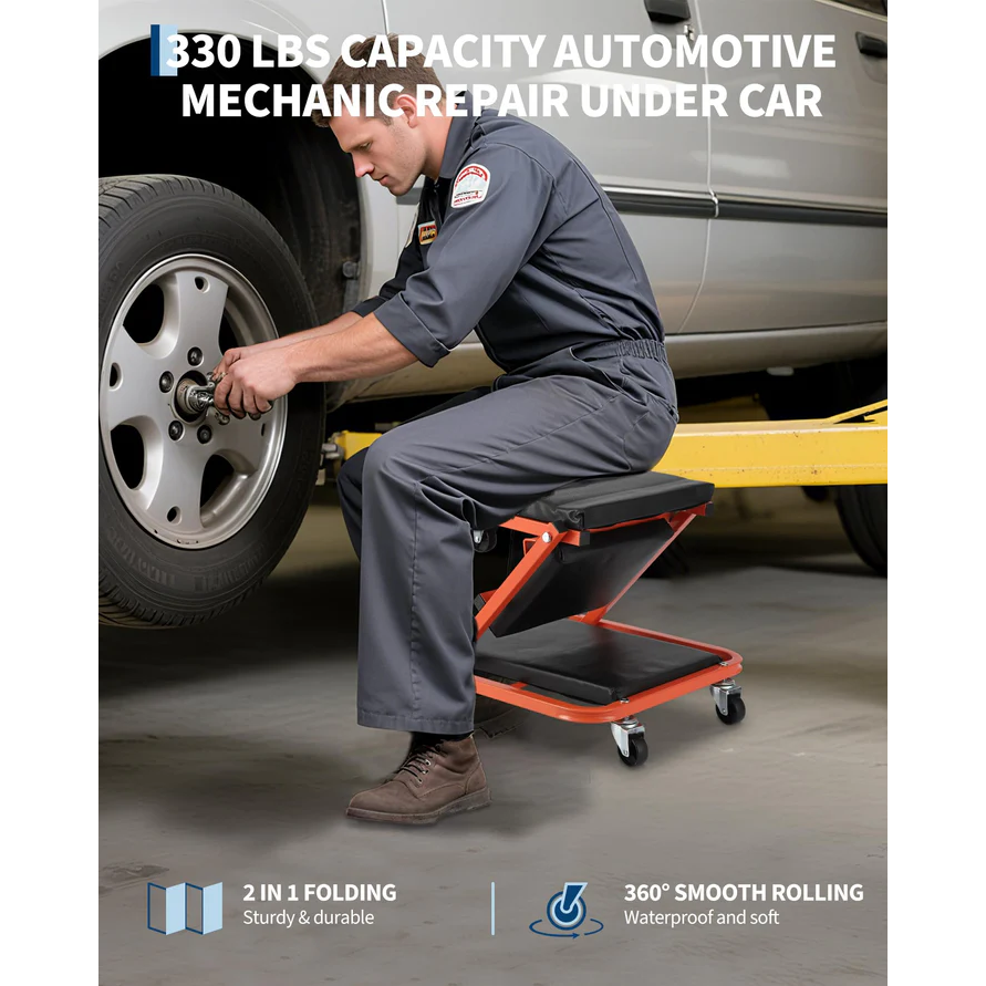 Garvee Asiento Rastrillo Mecánico 2 en 1 Z-Style 91cm, Acero Reforzado, 6 Ruedas, 149.7kg, 2 Pares de Guantes, Negro y Naranja, para Taller