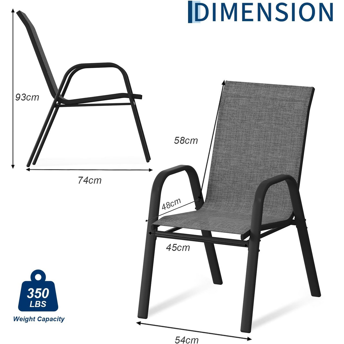 Garvee Set de 4 Sillas de Jardín Apilables de Textilene Transpirable y Estructura de Acero con Tornillos Mejorados, para Exterior, Terraza y Balcón, Gris y Negro