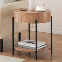 Garvee Mesa Auxiliar Redonda de 50 cm con Cajón, Mesita de Noche de Madera MDF con Diseño de Anillos de Árbol y Patas de Metal para Salón y Dormitorio,Madera Natural