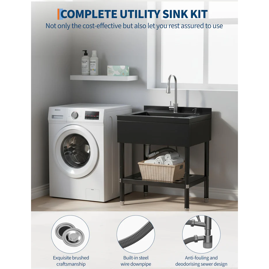Garvee Fregadero Multifunción de Acero Inoxidable 304, 65.28×52.58×100.33cm con Grifo 360°, Acabado Negro y Estante Inferior, para Garaje y Lavandería