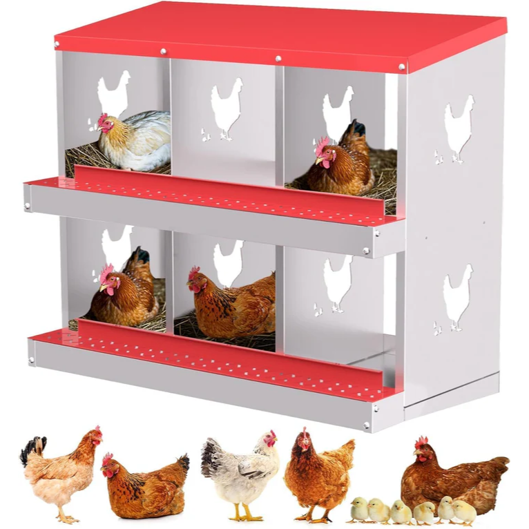 Garvee Caja de Nido para Gallinas 6 Compartimentos, Acero Galvanizado 0.7mm, Ventilada, Montaje en Pared Gallineros Granjas, Rojo