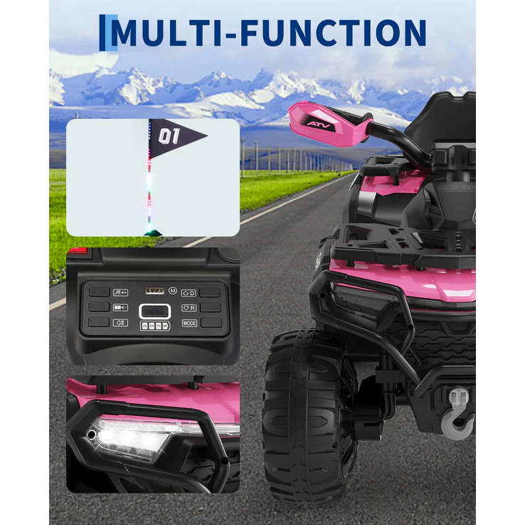 Garvee Quad Eléctrico Infantil 12V Todo Terreno, 2 Motores Potentes, Control Parental, Suspensión, LED, Bluetooth, USB, Rosa Oscuro para Niños 3-8 Años