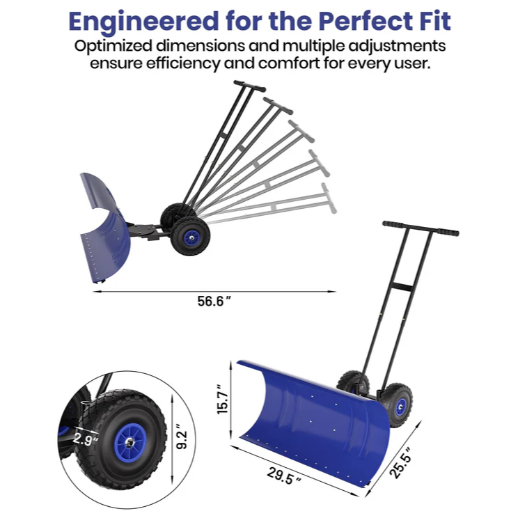 Garvee Pala de Nieve de Acero Galvanizado 73.66 Cm con Ruedas, Hoja Ajustable 7 Posiciones, Mango Ergonómico 5 Niveles, Estructura Duradera para Hogares y Negocios en Entradas y Aceras, Azul