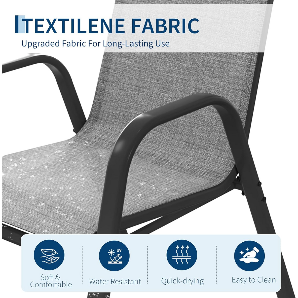 Garvee Set de 4 Sillas de Jardín Apilables de Textilene Transpirable y Estructura de Acero con Tornillos Mejorados, para Exterior, Terraza y Balcón, Gris y Negro