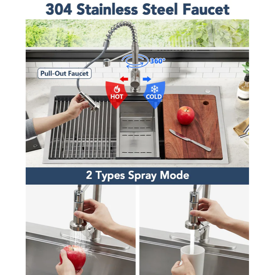 Garvee Fregadero de Acero Inoxidable Calibre 16 Antiruido Fácil Limpieza Grifo Extraíble 360° de Resorte 304 5 Piezas Empotrado y Encimera para Hogar Cocina y Bar Color Acero Natural 83.8x55.9x22.9cm