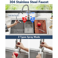 Garvee Fregadero de Acero Inoxidable Calibre 16 Antiruido Fácil Limpieza Grifo Extraíble 360° de Resorte 304 5 Piezas Empotrado y Encimera para Hogar Cocina y Bar Color Acero Natural 83.8x55.9x22.9cm