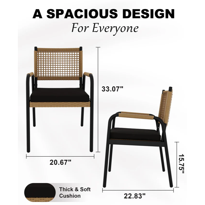 Garvee Juego de 2 Sillas de Comedor de Mimbre para Patio, Sillas de Exterior con Reposabrazos y Estructura Metálica Negra y Marrón