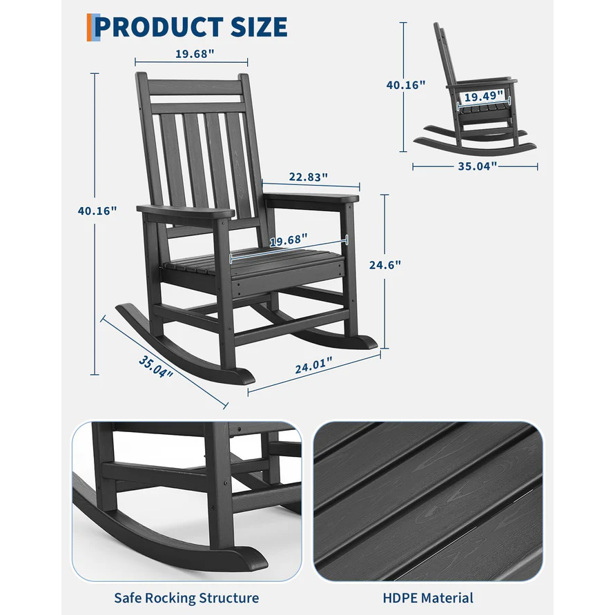 Garvee Silla Mecedora Adirondack de HDPE, Sillón de Jardín Resistente a la Intemperie con Respaldo Alto y Textura de Madera, Capacidad 172 kg Negro