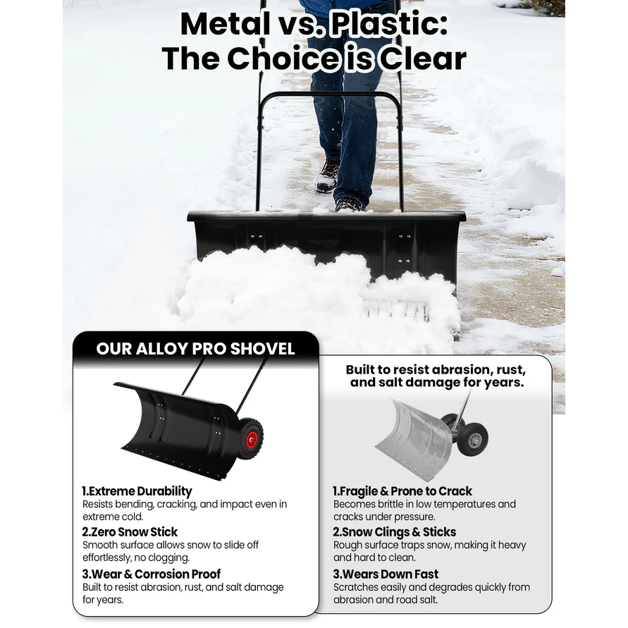 Garvee Empujador de Nieve Grande de Acero Resistente 73.66 Cm con Ruedas, Mango Ajustable y Base Protectora, Equipo Especializado para Propietarios de Autos en Entradas de Coches, Negro