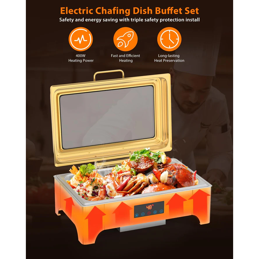 Garvee Chafing Dish Profi Set 9L Acero Inoxidable Para Buffets Y Catering, Gran Capacidad, Fácil Limpieza, Pies Plegables, Asa Ergonómica