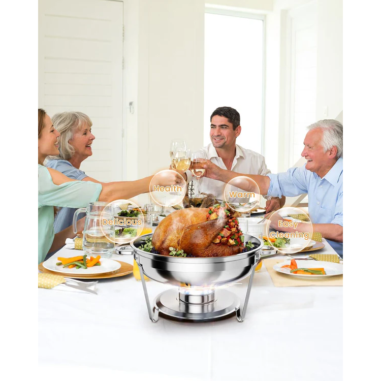 Garvee Set Buffet Redondo 2-Pack 4.7L Acero Inoxidable con Bandejas y Marco Plegable para Catering y Eventos, Durable y Versátil, Plateado