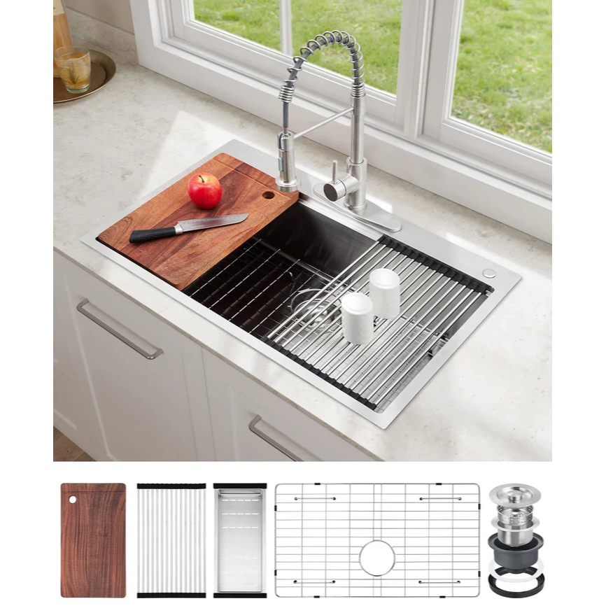 Garvee Fregadero de Acero Inoxidable Calibre 16 Antiruido Fácil Limpieza Grifo Extraíble 360° de Resorte 304 5 Piezas Empotrado y Encimera para Hogar Cocina y Bar Color Acero Natural 83.8x55.9x22.9cm