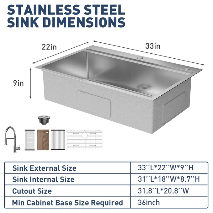 Garvee Fregadero de Acero Inoxidable Calibre 16 Antiruido Fácil Limpieza Grifo Extraíble 360° de Resorte 304 5 Piezas Empotrado y Encimera para Hogar Cocina y Bar Color Acero Natural 83.8x55.9x22.9cm