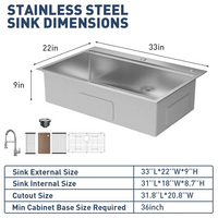 Garvee Fregadero de Acero Inoxidable Calibre 16 Antiruido Fácil Limpieza Grifo Extraíble 360° de Resorte 304 5 Piezas Empotrado y Encimera para Hogar Cocina y Bar Color Acero Natural 83.8x55.9x22.9cm