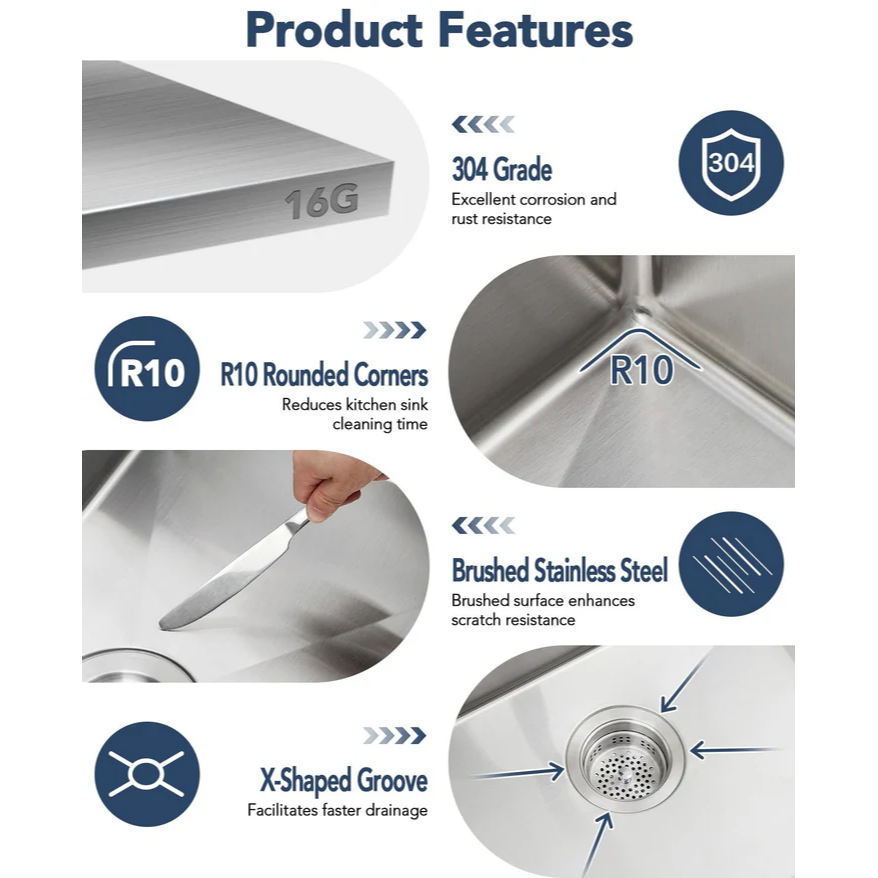 Garvee Fregadero de Acero Inoxidable Calibre 16 Antiruido Fácil Limpieza Grifo Extraíble 360° de Resorte 304 5 Piezas Empotrado y Encimera para Hogar Cocina y Bar Color Acero Natural 83.8x55.9x22.9cm