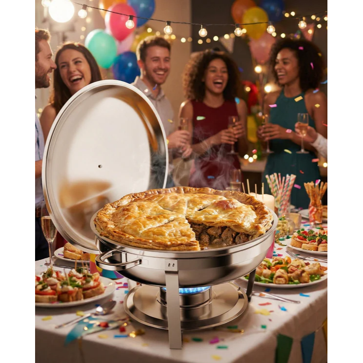Garvee Set Buffet Redondo 2-Pack 4.7L Acero Inoxidable con Bandejas y Marco Plegable para Catering y Eventos, Durable y Versátil, Plateado
