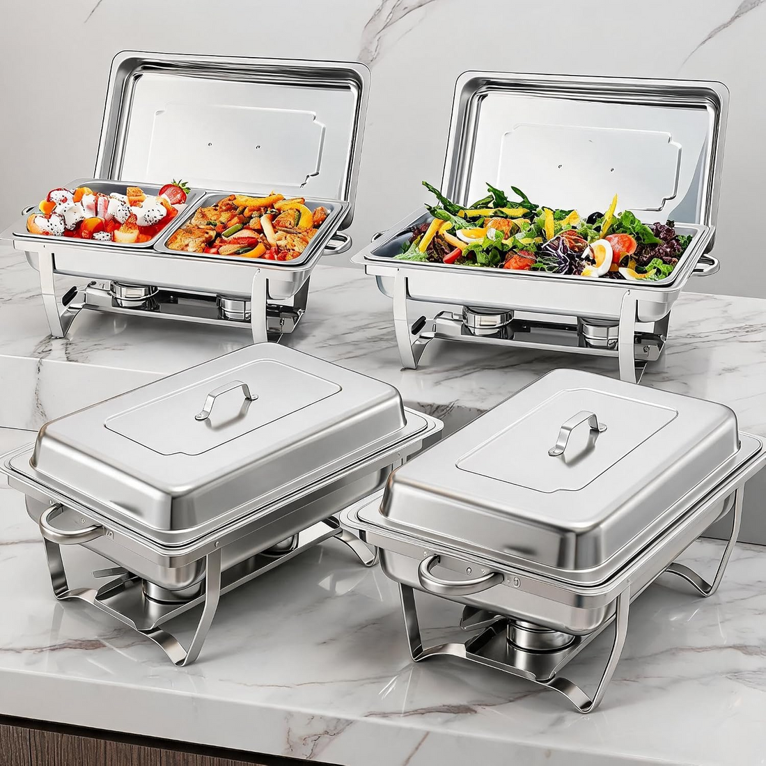 Garvee Juego de 4 Chafing Dishes Buffet 7,5 Litros 8 QT Acero Inoxidable Calentadores de Comida con Bandejas Enteras y Divididas para Catering Banquetes y Bodas Plata