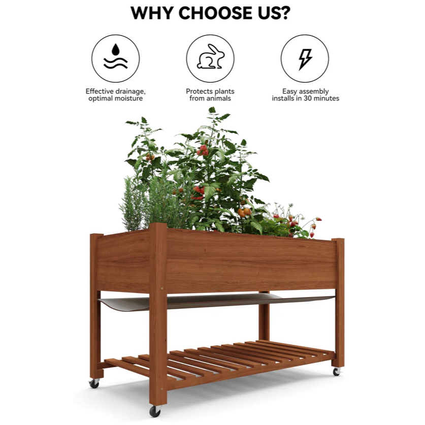 Garvee Jardinera Elevada con Ruedas y Estante, Huerto Urbano Móvil de Madera para Terraza y Patio, 122x61x76 cm, Color Roble
