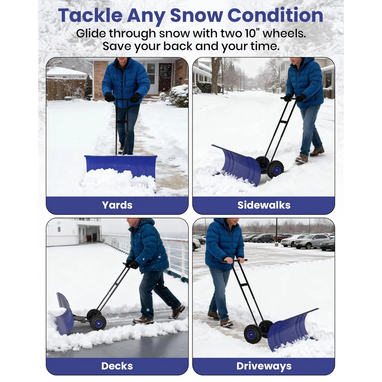 Garvee Pala de Nieve de Acero Galvanizado 73.66 Cm con Ruedas, Hoja Ajustable 7 Posiciones, Mango Ergonómico 5 Niveles, Estructura Duradera para Hogares y Negocios en Entradas y Aceras, Azul