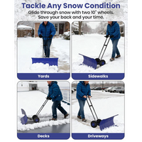 Garvee Pala de Nieve de Acero Galvanizado 73.66 Cm con Ruedas, Hoja Ajustable 7 Posiciones, Mango Ergonómico 5 Niveles, Estructura Duradera para Hogares y Negocios en Entradas y Aceras, Azul