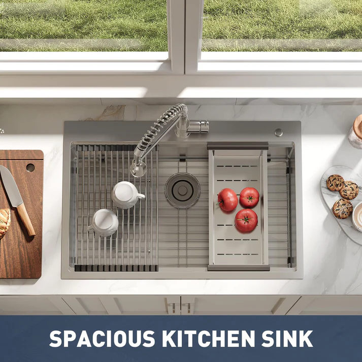 Garvee Fregadero de Acero Inoxidable Calibre 16 Antiruido Fácil Limpieza Grifo Extraíble 360° de Resorte 304 5 Piezas Empotrado y Encimera para Hogar Cocina y Bar Color Acero Natural 83.8x55.9x22.9cm