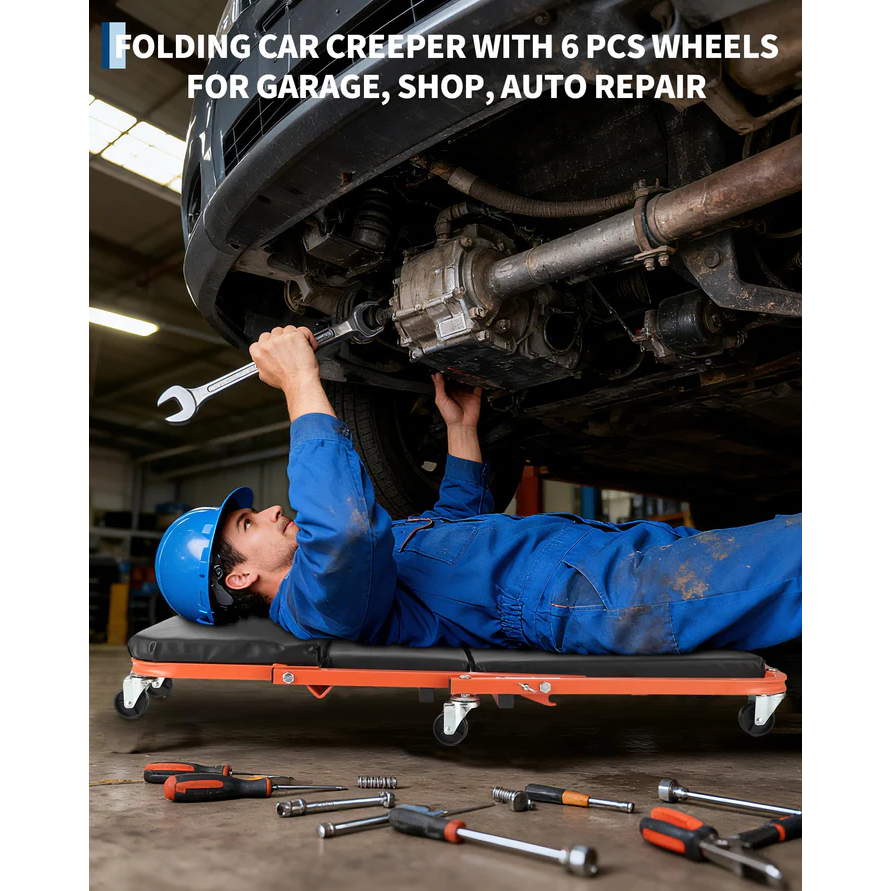 Garvee Asiento Rastrillo Mecánico 2 en 1 Z-Style 91cm, Acero Reforzado, 6 Ruedas, 149.7kg, 2 Pares de Guantes, Negro y Naranja, para Taller