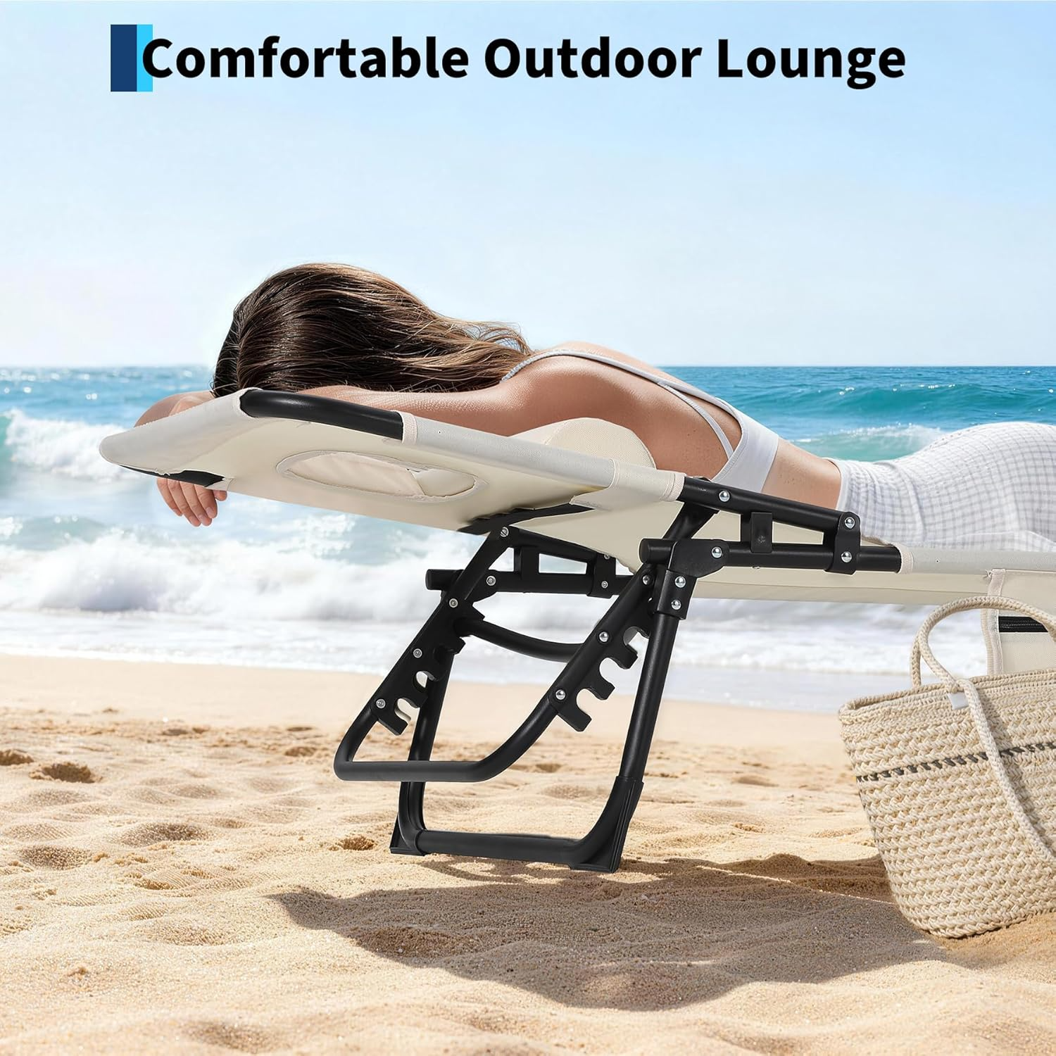 Garvee Tumbona de Playa con Soporte Facial, Respaldo Ajustable 5 Posiciones, Tela Oxford 600D, Plegable, Reposacabezas y Bolsillo Lateral, para Jardín y Playa, Beige