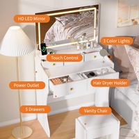 Garvee Tocador Moderno Minimalista de PB 80 cm con Espejo LED Regulable 5 Cajones y Taburete Blanco