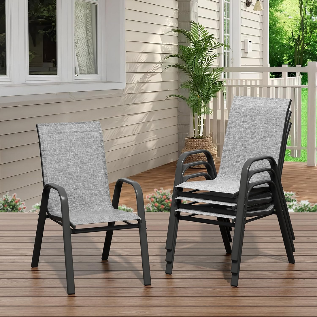 Garvee Set de 4 Sillas de Jardín Apilables de Textilene Transpirable y Estructura de Acero con Tornillos Mejorados, para Exterior, Terraza y Balcón, Gris y Negro