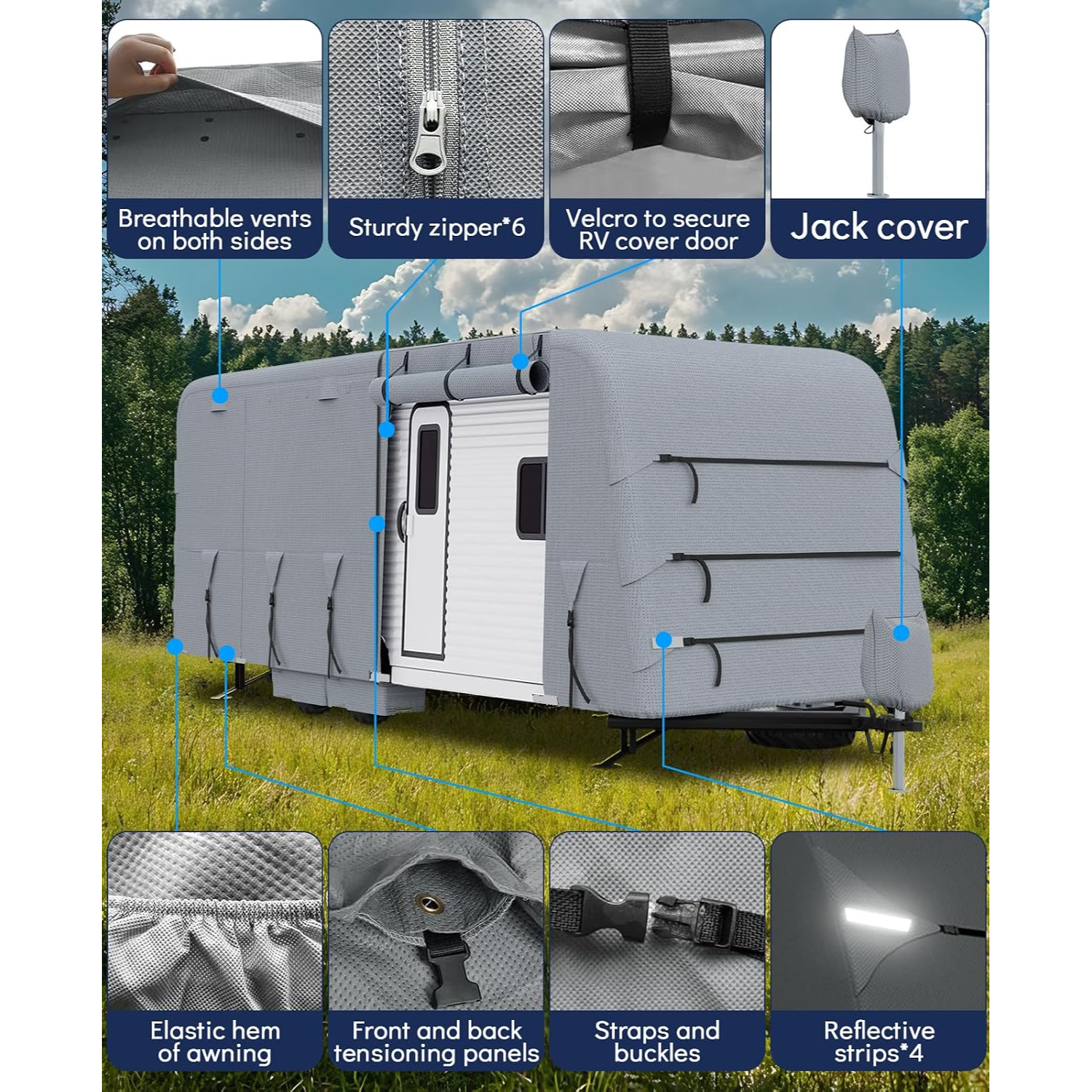 Garvee Cubierta Extra Gruesa para Travel Trailer RV 8.23-9.14 m , Resistente al Agua, con Correas y Cubiertas de Neumáticos, Protección Completa Exterior