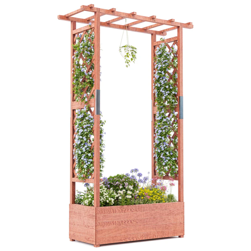 Garvee Cama de Jardín Elevada con Enrejado de Madera de 110x44x182 cm con Techo Colgante y Sistema de Drenaje para Plantas Trepadoras en Patio y Balcón Naranja Vintage