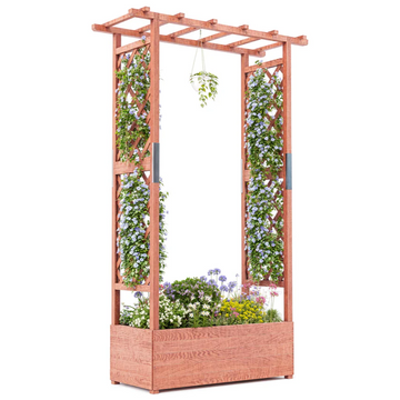Garvee Cama de Jardín Elevada con Enrejado de Madera de 110x44x182 cm con Techo Colgante y Sistema de Drenaje para Plantas Trepadoras en Patio y Balcón Naranja Vintage