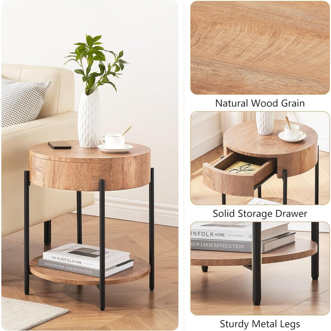Garvee Mesa Auxiliar Redonda de 50 cm con Cajón, Mesita de Noche de Madera MDF con Diseño de Anillos de Árbol y Patas de Metal para Salón y Dormitorio,Madera Natural