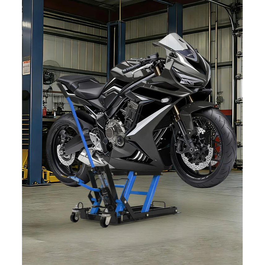 Garvee Elevador Hidráulico para Motocicleta 680kg, Altura Regulable 12-39cm, Plataforma Antideslizante, Ruedas Pesadas Giratorias, Ideal para Taller y Garaje, Negro Azul