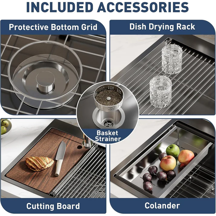 Garvee Fregadero de Acero Inoxidable Calibre 16 Grifo Extraíble de Resorte 304 5 Piezas Empotrado y Encimera para Hogar Cocina y Bar Color Negro Nano 84x56x23cm